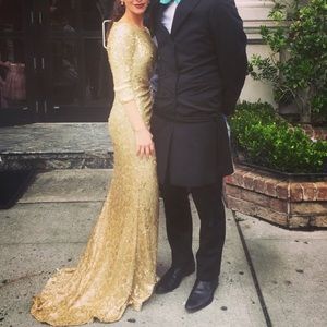 Badgley Mischka Gown / wedding / prom dress. Long sleeve gold sequins